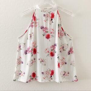 Milan Kiss white floral dressy high neck top Large